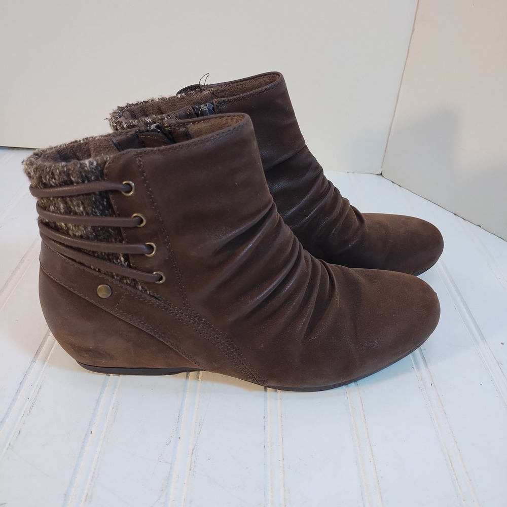 BareTraps Ankle Boots Ruched Knit Collar Rebound Wedge Womens 8M Peanut Brown